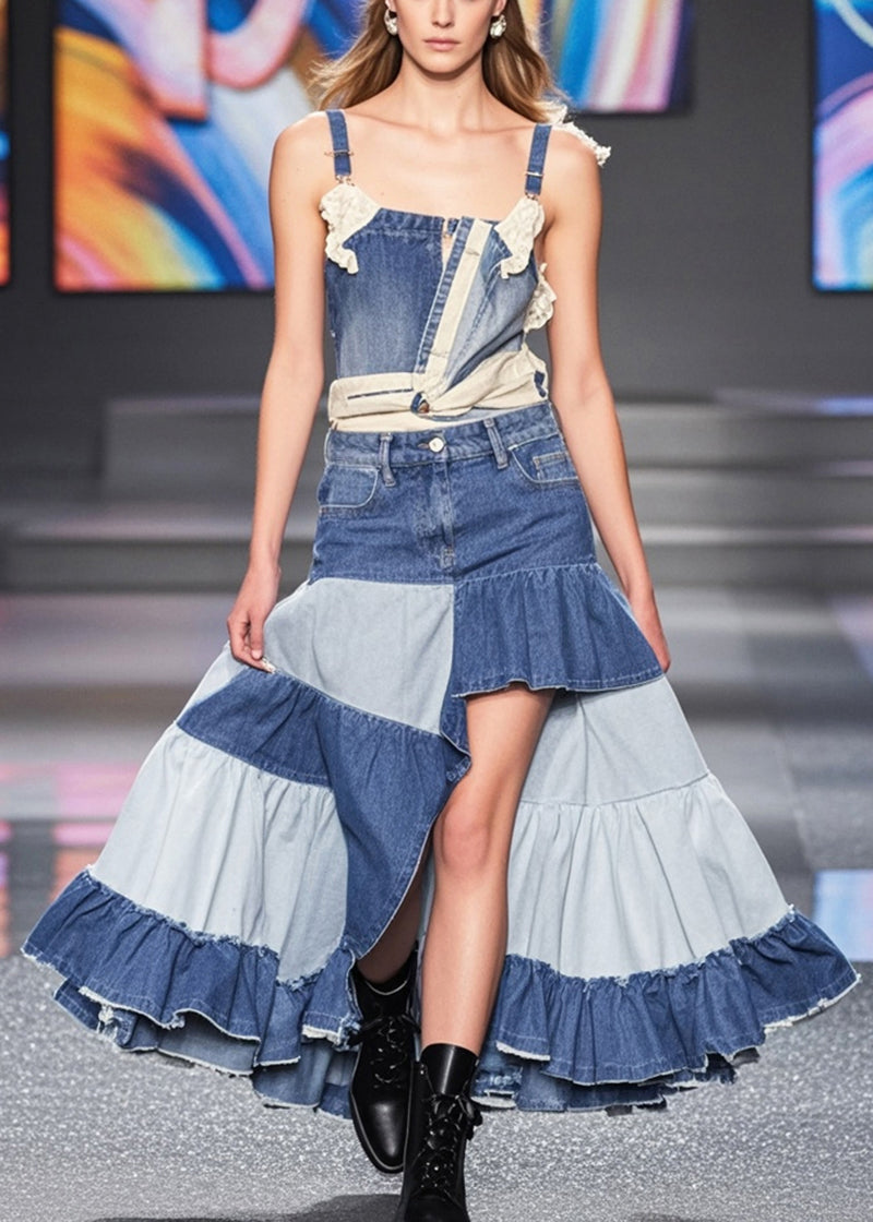 Modern Colorblock Ruffled Patchwork Denim a Line Skirt Spring