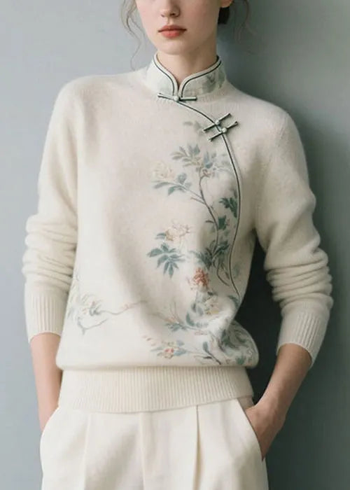White Thick Knit Sweater Stand Collar Winter