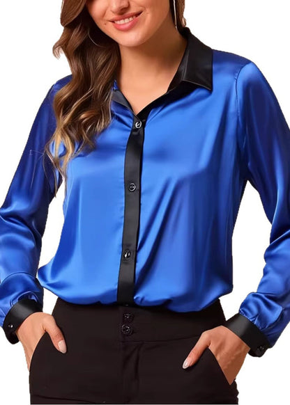Blue Peter Pan Collar Patchwork Silk Top Spring