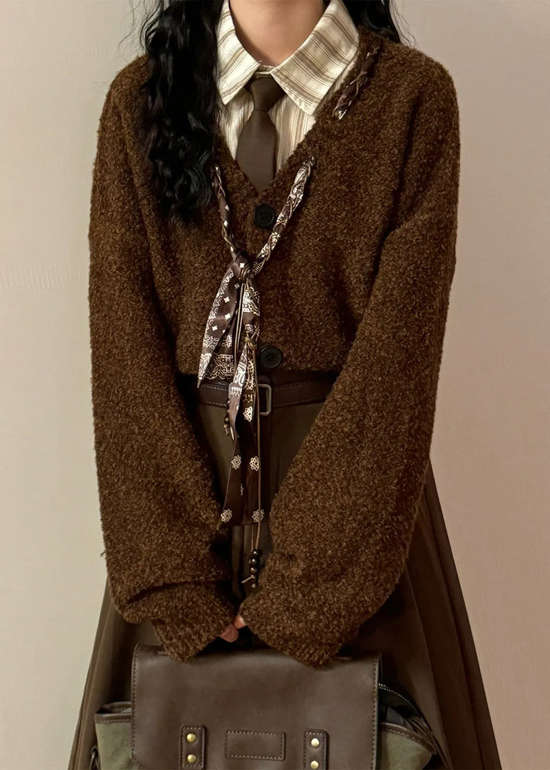 Grey V Neck Scarf Design Button Knit Coats Spring