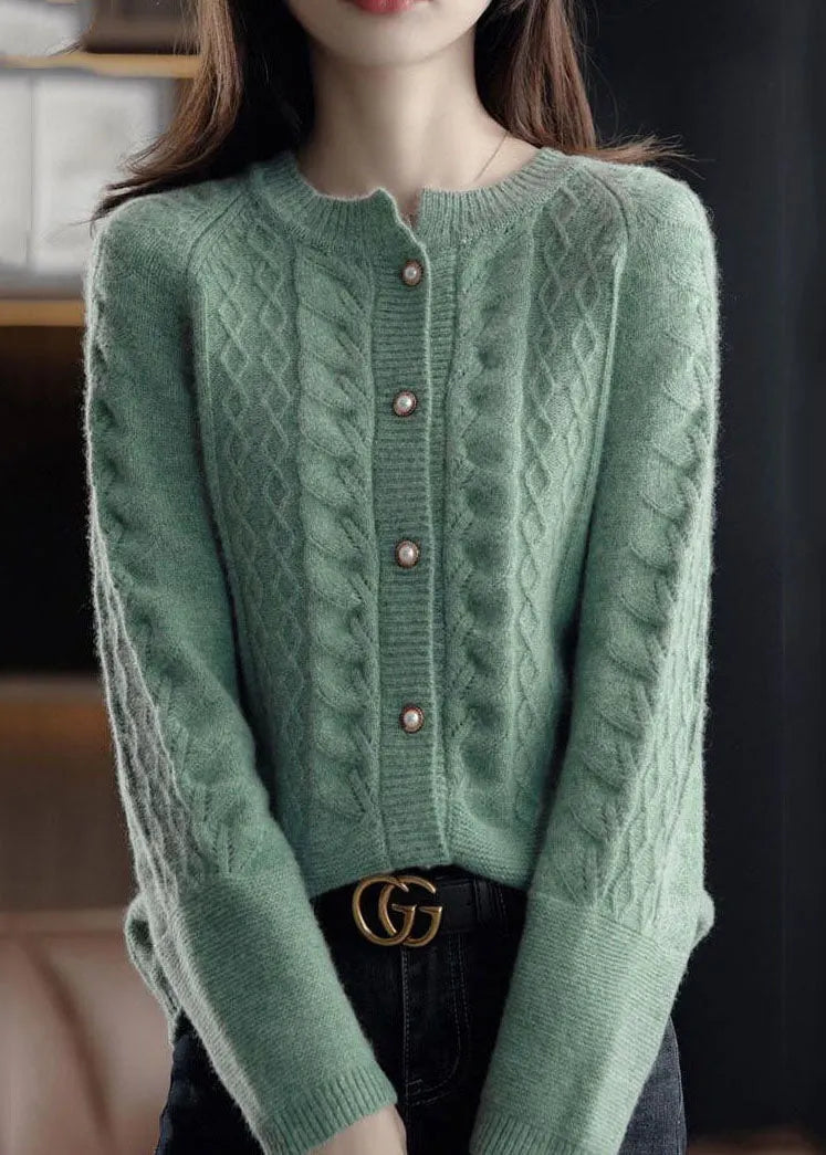 Green Warm Wool Cable Knit Cardigans O-neck Pearl Button Winter