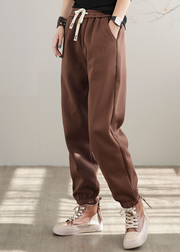 Chocolate Elastic Waist Oversized Warm Fleece Pants Winter