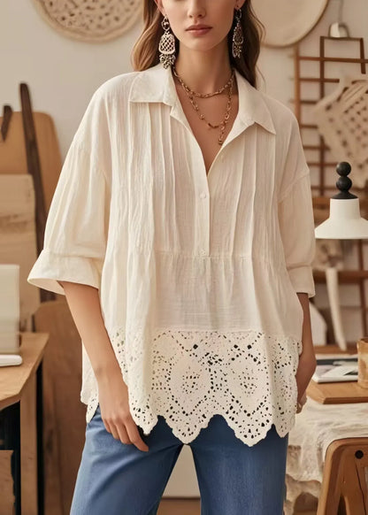 Apricot Oversized Patchwork Lace Blouse Top Half Sleeve