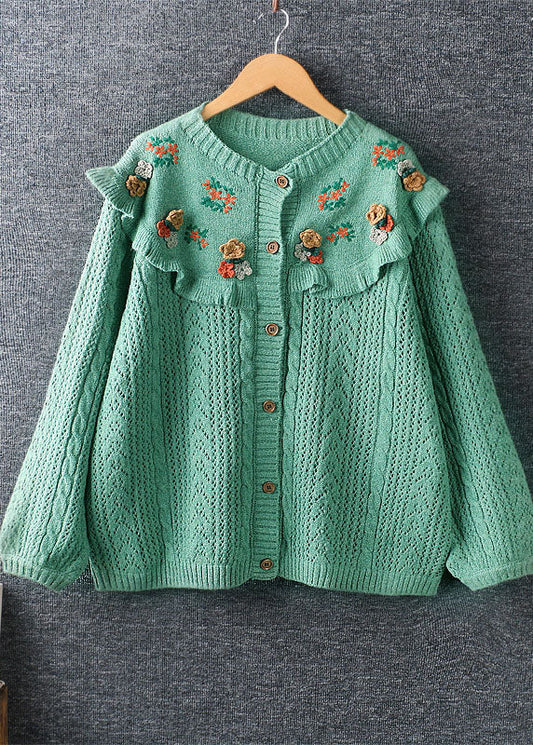 Fine Green Loose Ruffles Embroidered Button Fall Knit Sweater