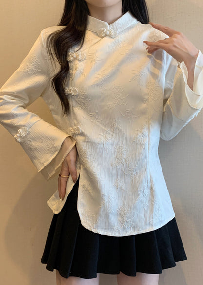 Apricot Stand Collar Jacquard Oriental Button Cotton Top Fall