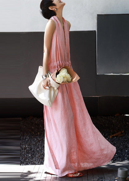 Pink Cold Shoulder Drawstring Linen Halter Dresses Summer