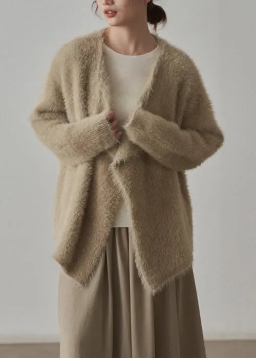 Classy Apricot Patchwork Cozy Mink Hair Knitted Cardigans Fall