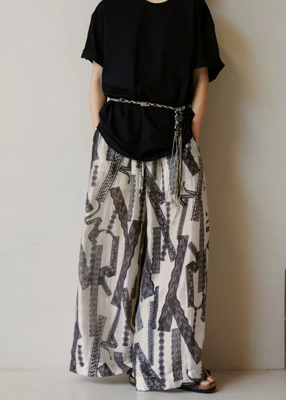 Modern Pockets Print Elastic Waist Cotton Wide Leg Pants Summer
