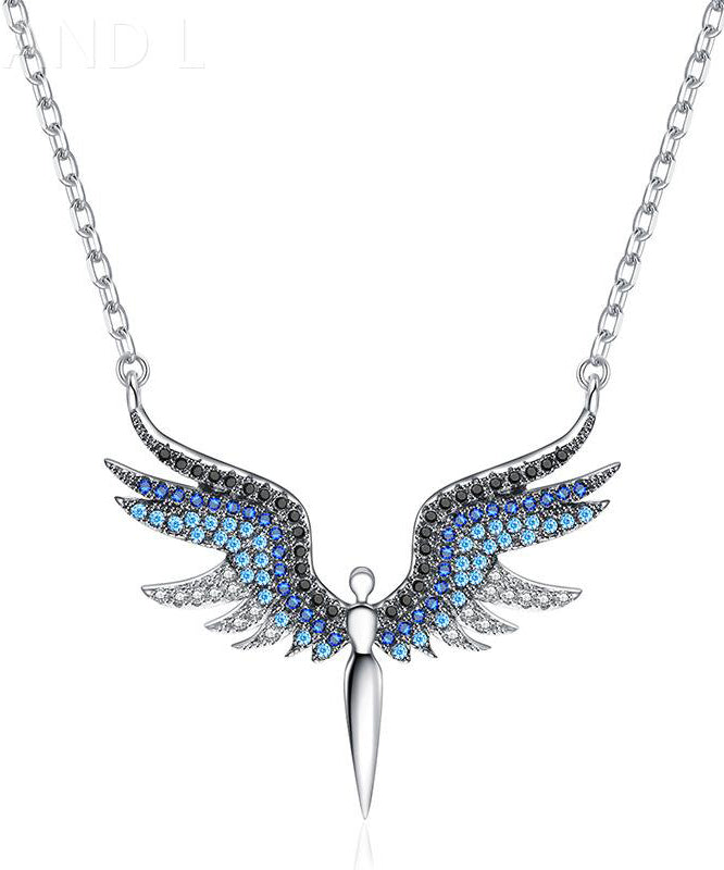 Blue Zircon Wing Metal Pendant Necklace