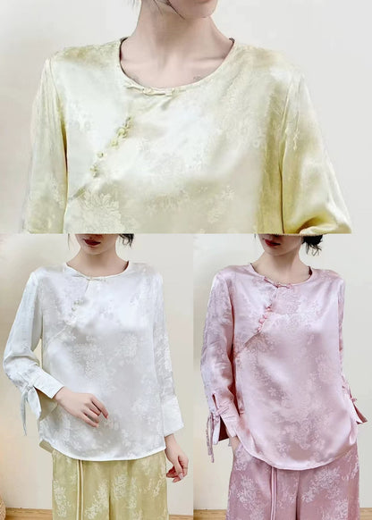 Fine White Jacquard Chinese Button Silk Shirt Top Spring