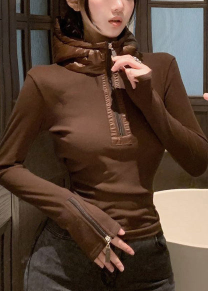 Coffee Zippered Patchwork Cotton Winter Shirt Hooded