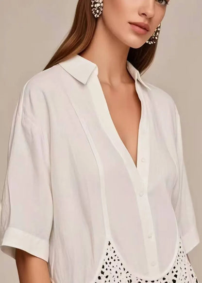 White V Neck Patchwork Lace Short Shirt Summer