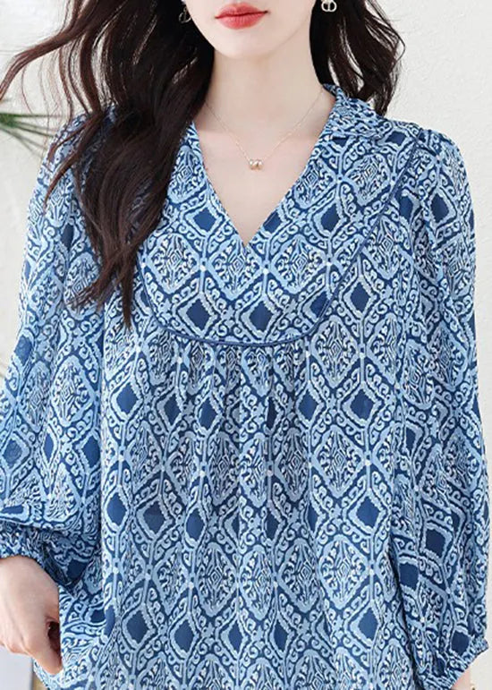 Blue V Neck Geometric Print Chiffon Blouse Top Lantern Sleeve