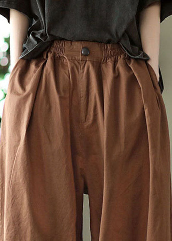 Dark Chocolate Elastic Waist Pockets Cotton Harem Pants Summer