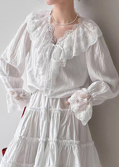 Fine White V Neck Lace Patchwork Shirts Flare Sleeve