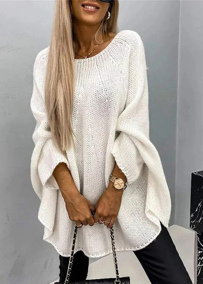Khaki O Neck Knit Sweater Batwing Sleeve
