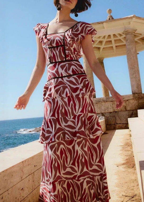 Stylish Red Square Collar Ruffled Patchwork Chiffon Dress Summer