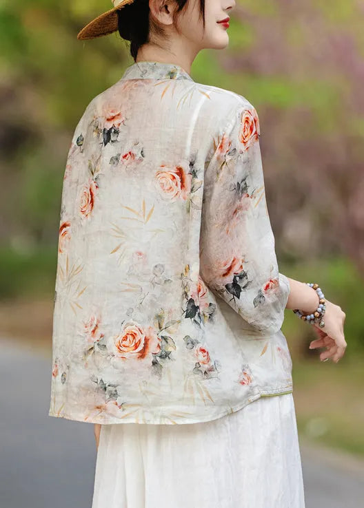 New Orange Stand Collar Print Linen Shirts Fall