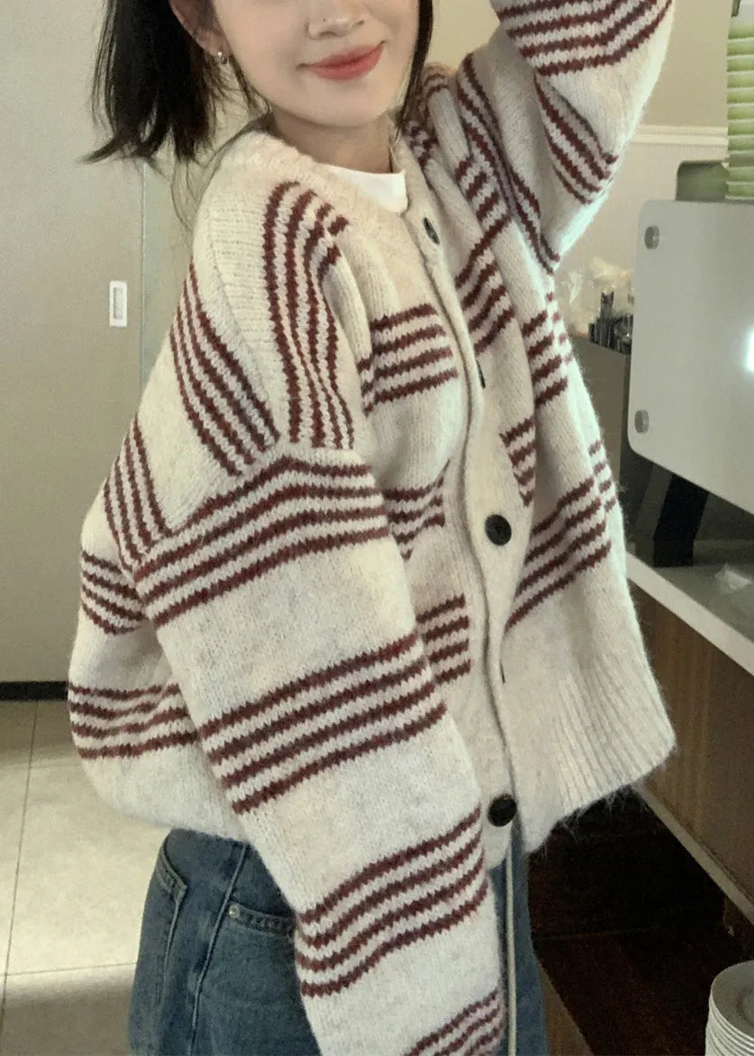 Natural Red Striped O-neck Cotton Knit Cardigan Long Sleeve