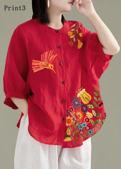 Art Red O-neck Button Linen Loose Shirt Top Lantern Sleeve