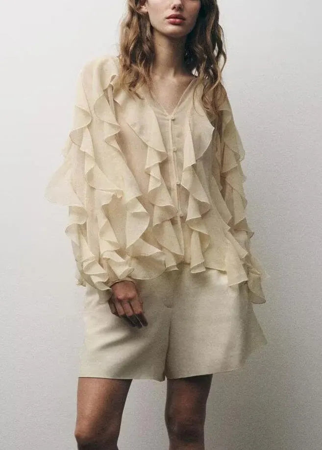 Light Yellow Ruffles Chiffon Upf 50+ Shirt Summer