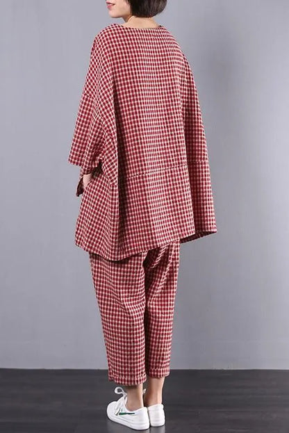 Limited Stock- Cotton Linen Plaid Retro Blouse and Pants