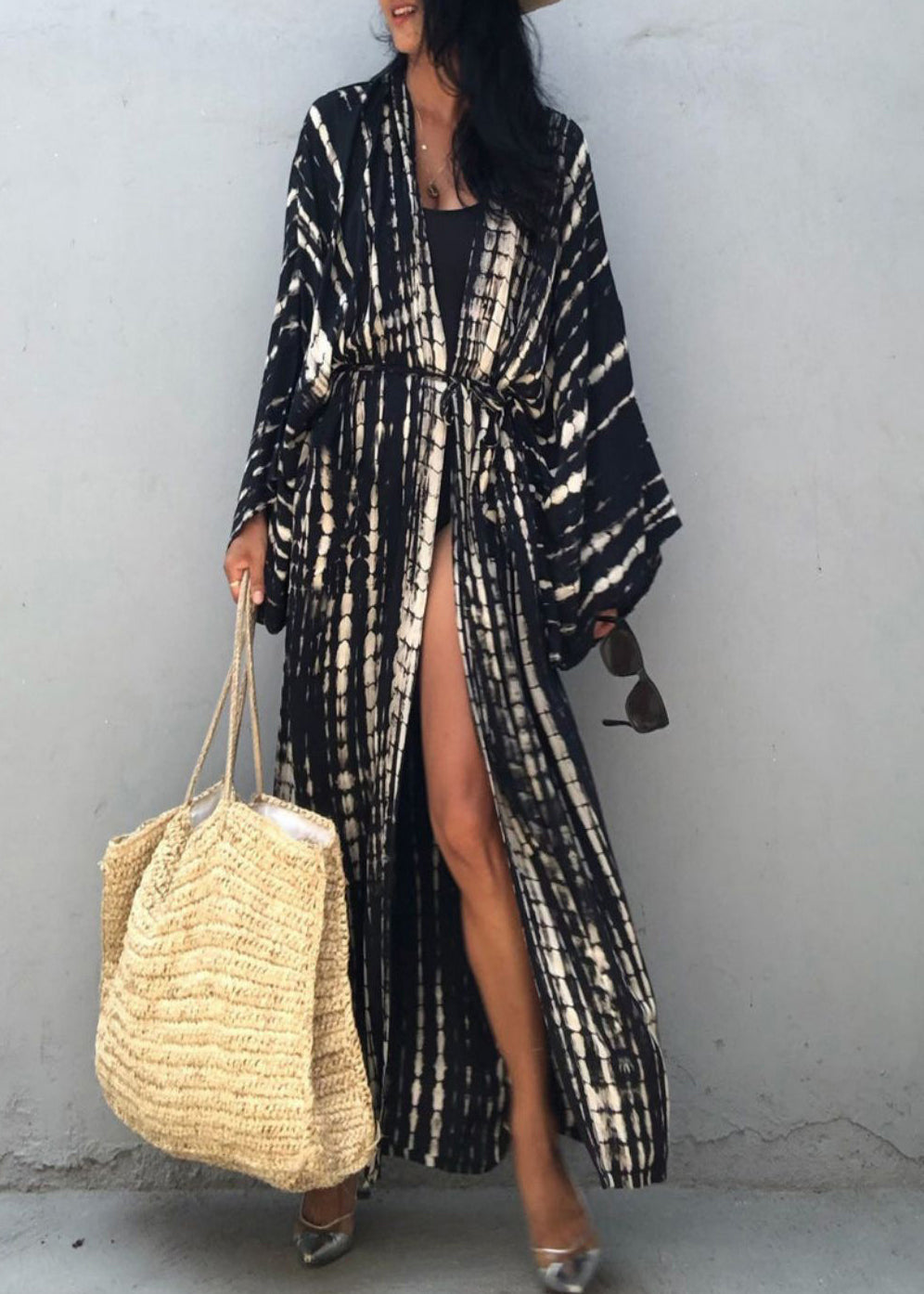 Khaki V Neck Print Cotton Loose Cardigan Summer