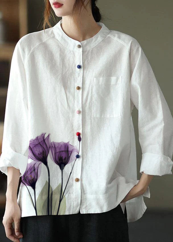 Modern White-purple Flower Loose Patchwork Pockets Fall Long Sleeve Blouse Top