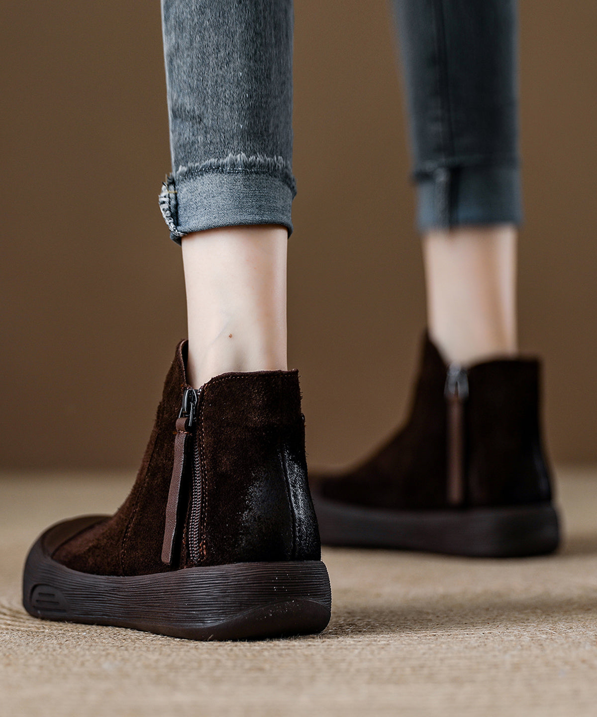 Zippered Splicing Platform Boots Khaki Suede
