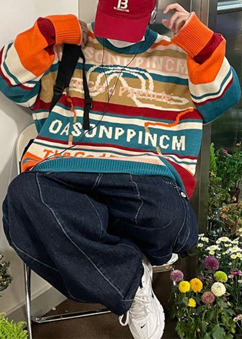 Blue Striped Letter Cotton Knit Sweaters Winter