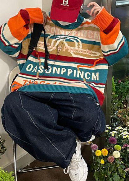 Blue Striped Letter Cotton Knit Sweaters Winter