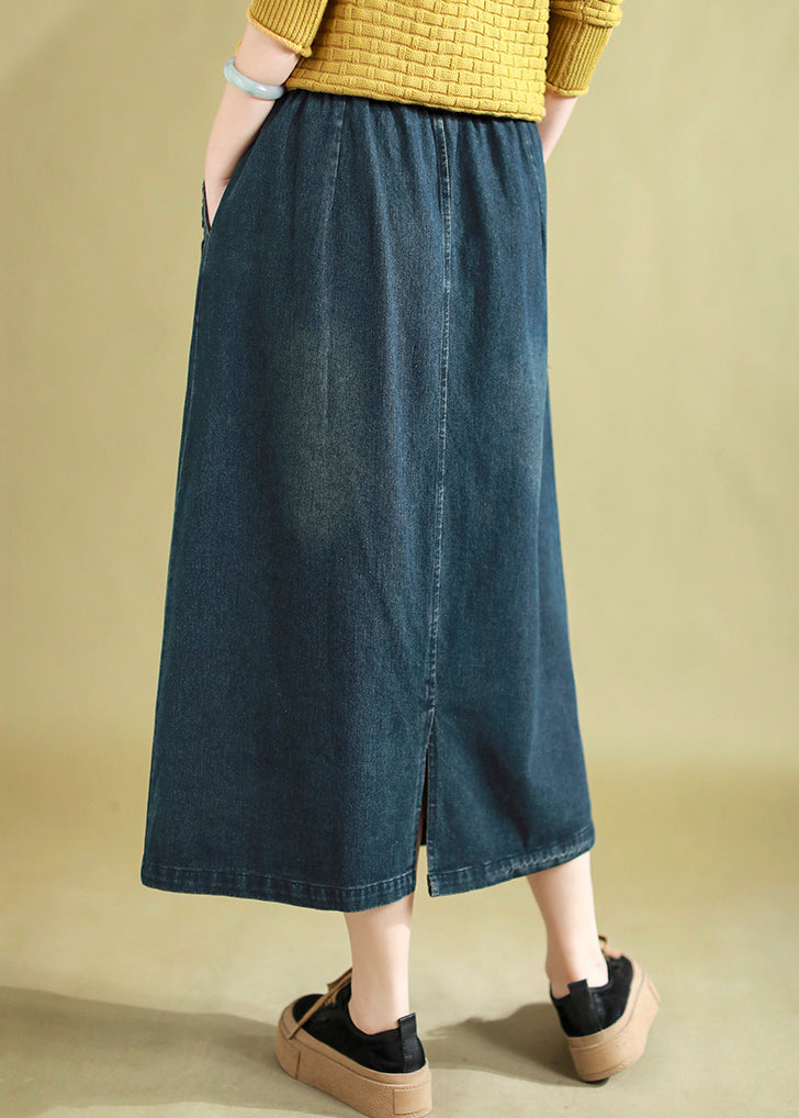 Blue Ruffled Button Denim a Line Skirt Spring