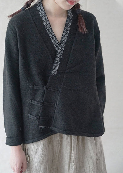 Simple Black Button Embroidered Asymmetrical Design Fall Knit Sweater