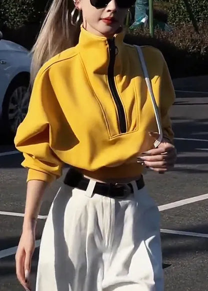 Loose Yellow Zip Up Cotton Sweatshirts Top Fall