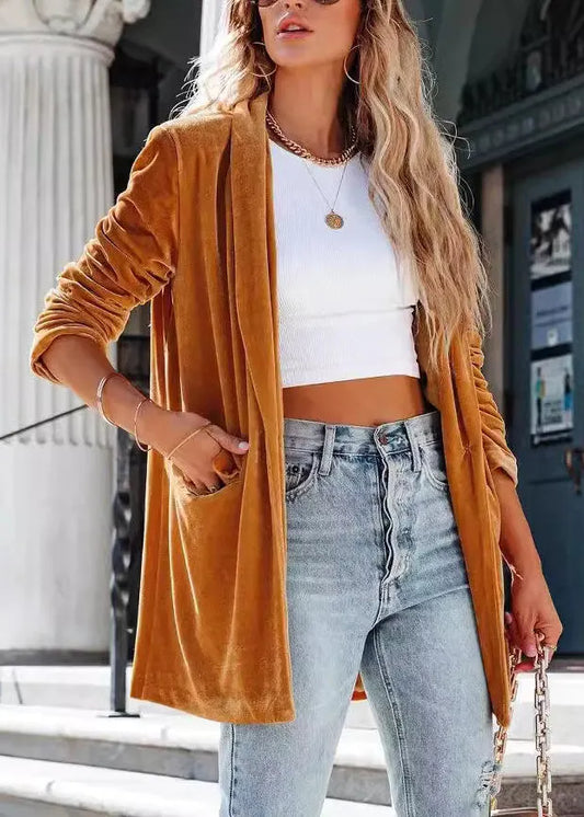 Gold Peter Pan Collar Pockets Velvet Coat Fall