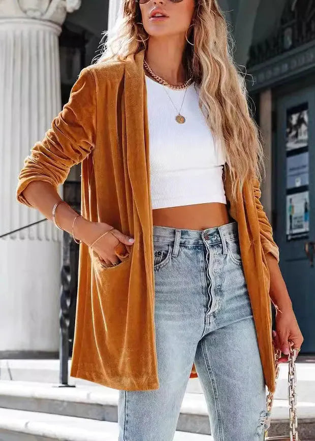 Gold Peter Pan Collar Pockets Velvet Coat Fall