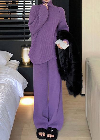 Loose Purple Turtleneck Cozy Knit Two Pieces Set Winter