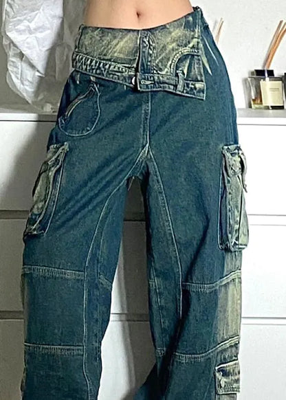 Blue Pockets Patchwork Denim Fall Pants High Waist