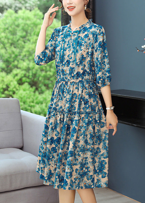 Blue Print Tunic Dresses Ruffled Summer