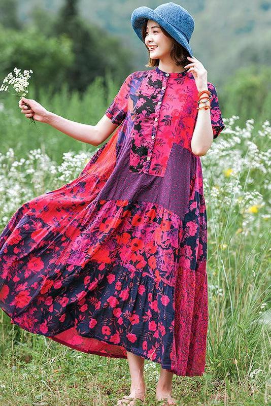Print Splicing Short Sleeve 100% Cotton Dress