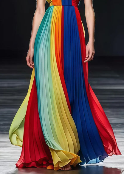 Colorblock Bustier Top Silm Fit Chiffon Strapless Pleated Dresses Summer