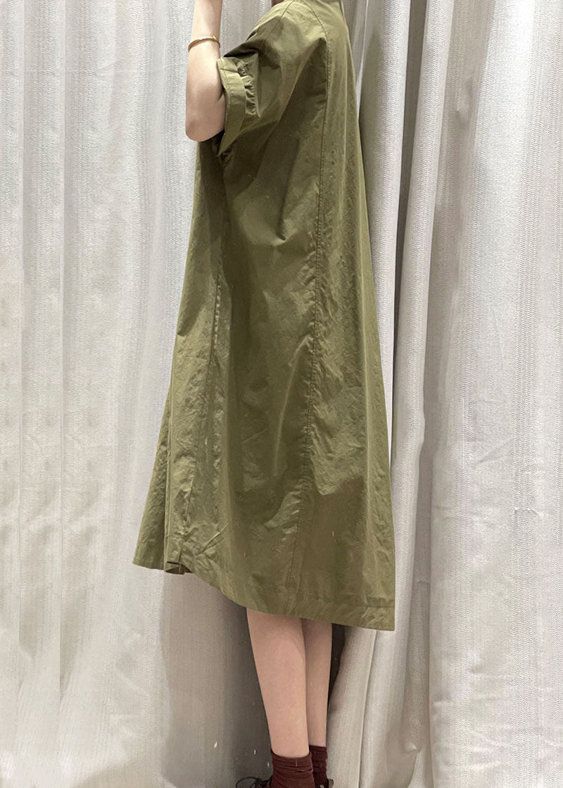 Army Green O Neck Pockets Patchwork Cotton Mid Dress Summer