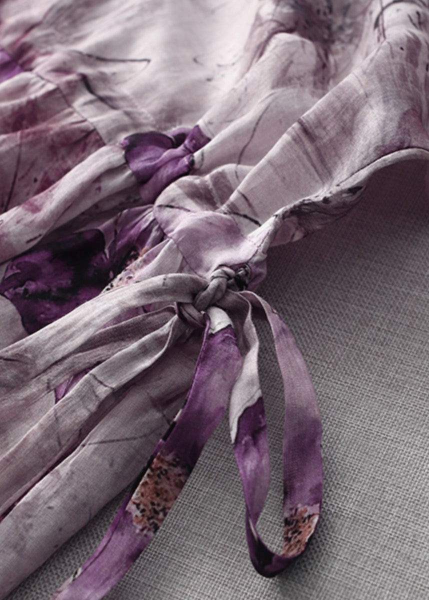 Purple O Neck Print Lace Up Cotton Dress Half Sleeve