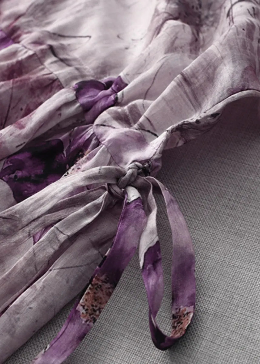 Purple O Neck Print Lace Up Cotton Dress Half Sleeve