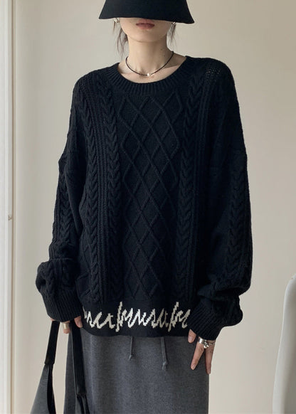 French Black O-neck Letter Cable Knit Sweaters Winter