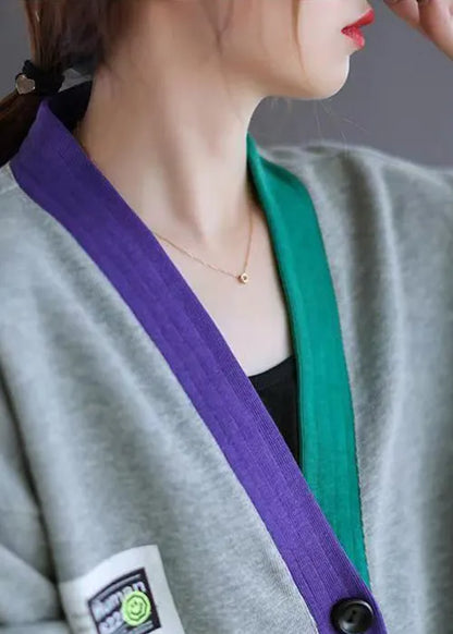 Grey Pockets Patchwork Loose Cotton Cardigans V Neck Spring