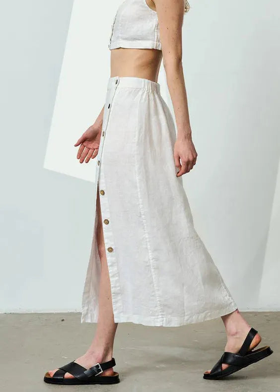 Original Design White Elastic Waist Side Open Linen Skirts Summer