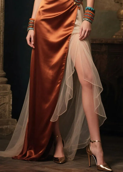 Colorblock Backless Tulle Patchwork Silk Strapless Dress Summer