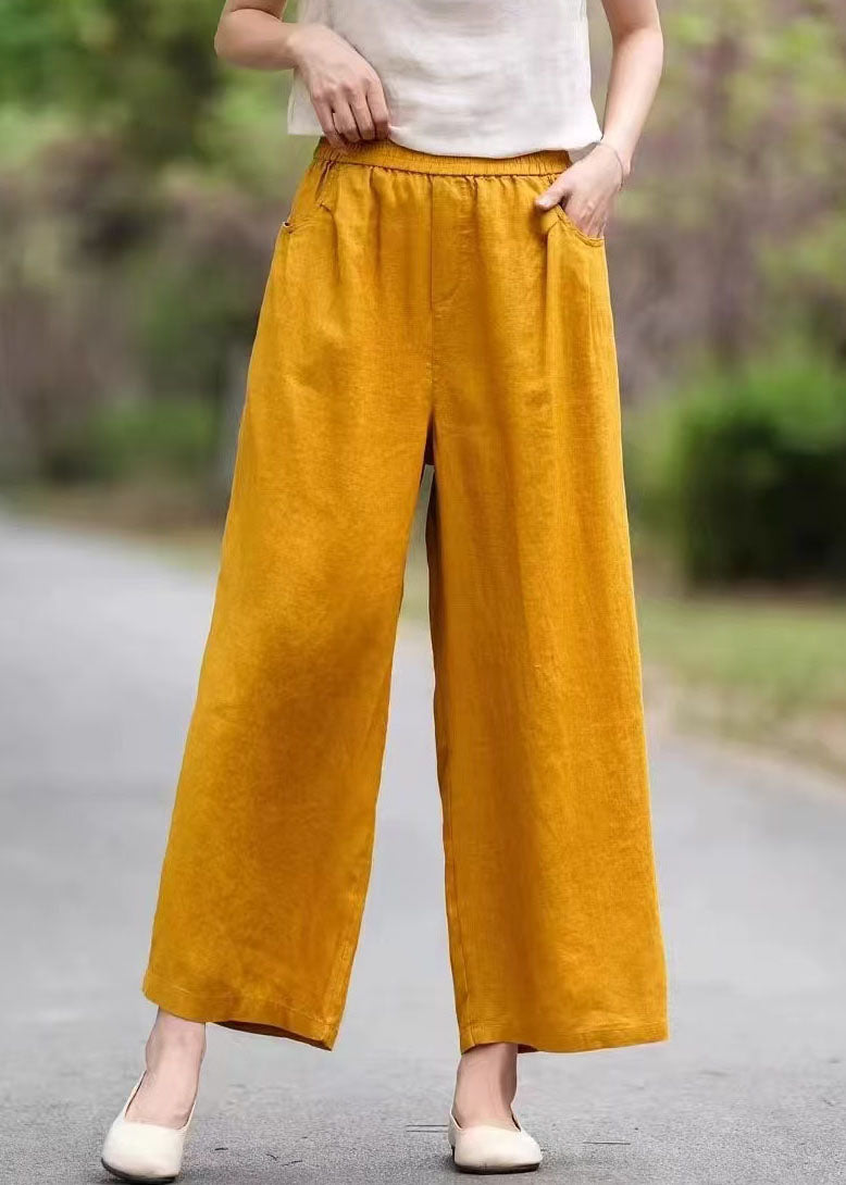 Yellow Elastic Waist Pockets Linen Pants Summer