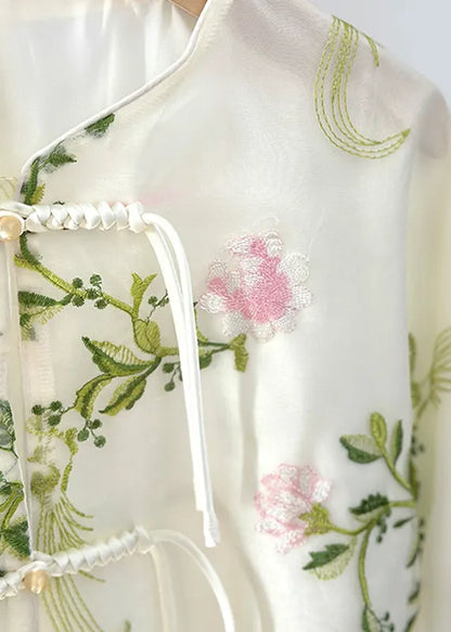 Green Embroidered Button Organza Shirts Fall